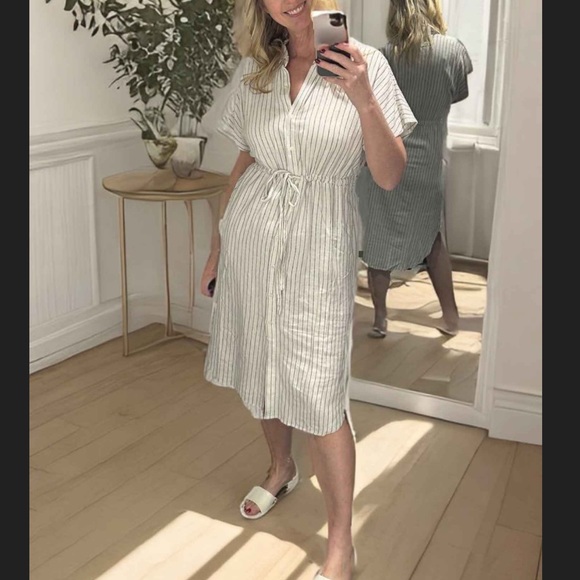 Women's Short Sleeve Linen Midi Shirtdress - A New Day Cream Striped M - Picture 3 of 5